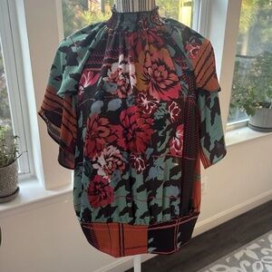 New York & Company Floral Mix Smocked Neck Top - Green, Red, Orange